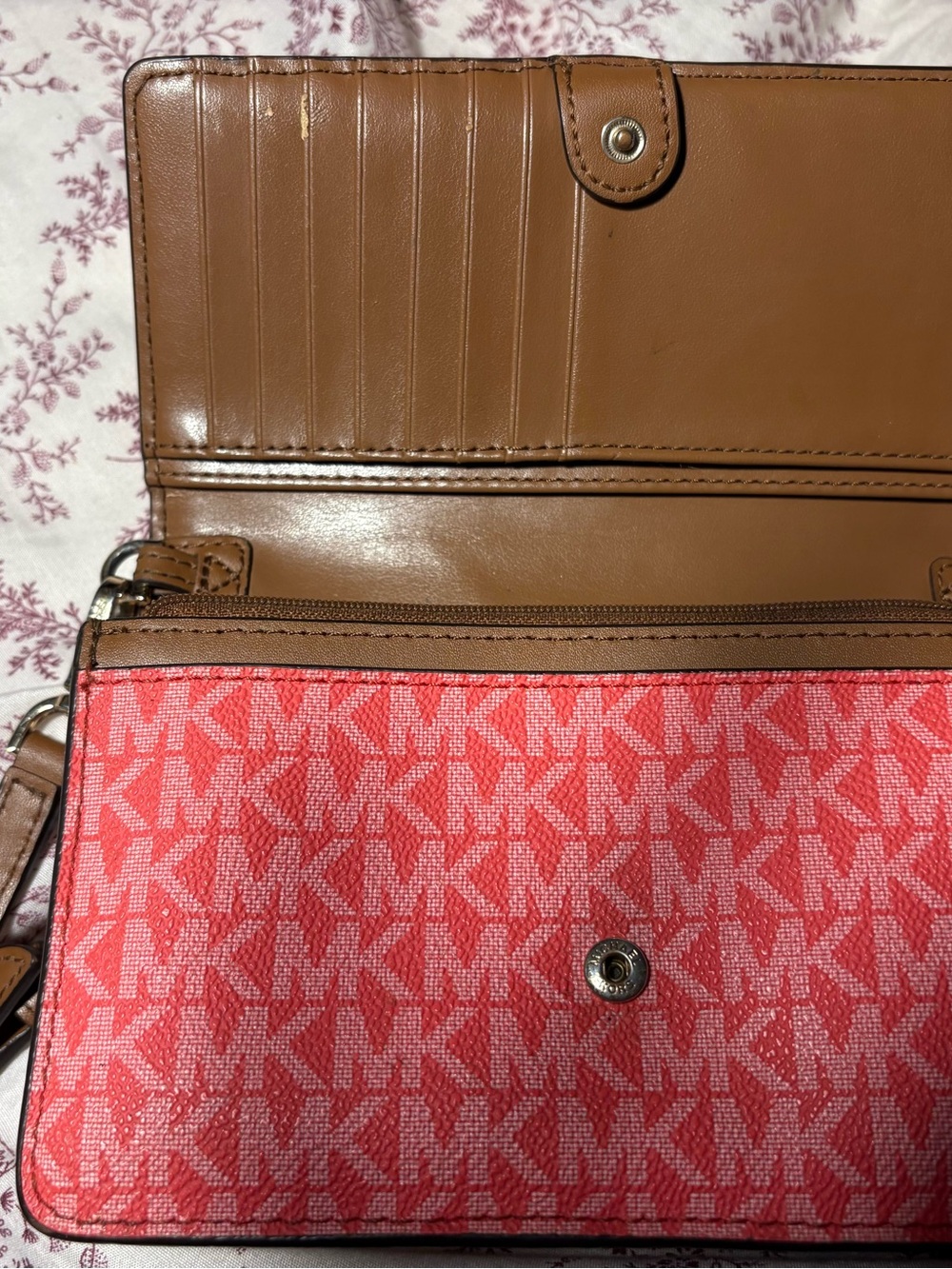 Michael Kors Coral Pink Logo crossbody body Continental Wallet with Brown Trim